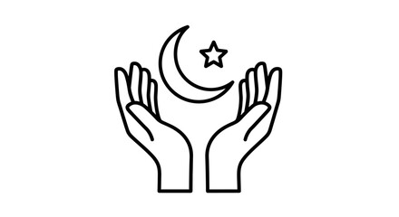 Fototapeta premium Islamic prayer hands line icon with crescent moon and star, Muslim religious worship symbol, spiritual Ramadan and Eid Mubarak vector illustration