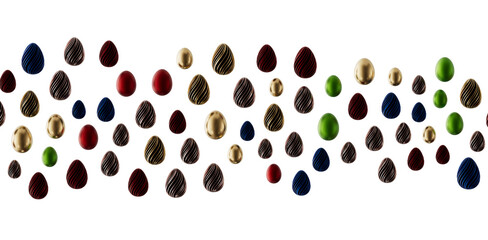 Colorful Easter eggs with stylish designs and a minimalist white backdrop. Great for holiday greetings, spring events, © vegefox.com