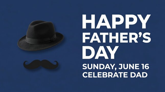 Happy Father's Day greeting card, Sunday June 16 celebrate dad message, vintage black fedora hat and mustache on navy blue background