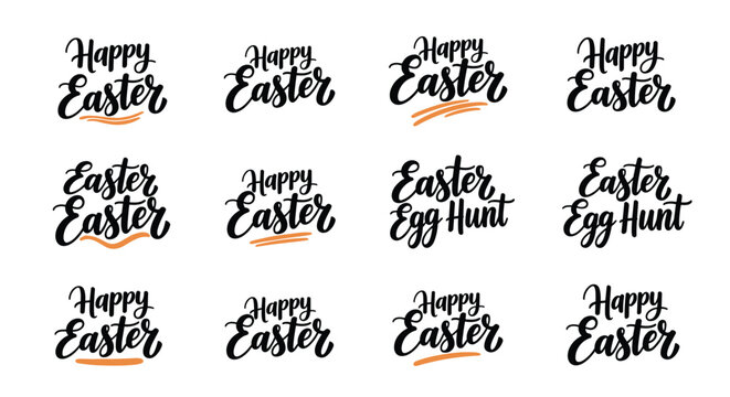 Comprehensive collection of Happy Easter and Easter Egg Hunt calligraphy designs in various artistic hand-written styles for holiday use.