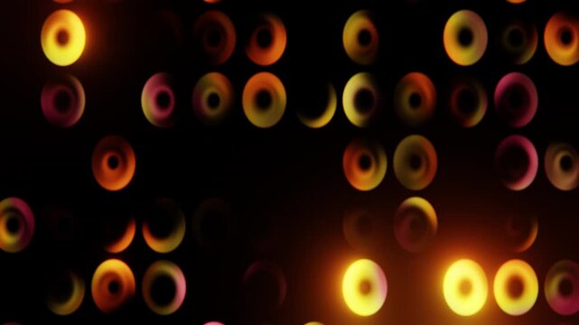 Horizontal 3D abstract disco retro technology digital science circles bokeh futuristic neon loop animation nightclub seventies groovy party dance floor lights energy colorful background