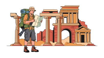 Adventurous Explorer at Ancient Ruins: A solo traveler with a backpack and map stands amidst majestic, weathered ancient ruins, contemplating the next step on an exciting journey of discovery. © Mst