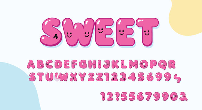 Adorable pink bubble font alphabet and numbers with cute smiling faces, presented under the word sweet for playful and fun typography designs.