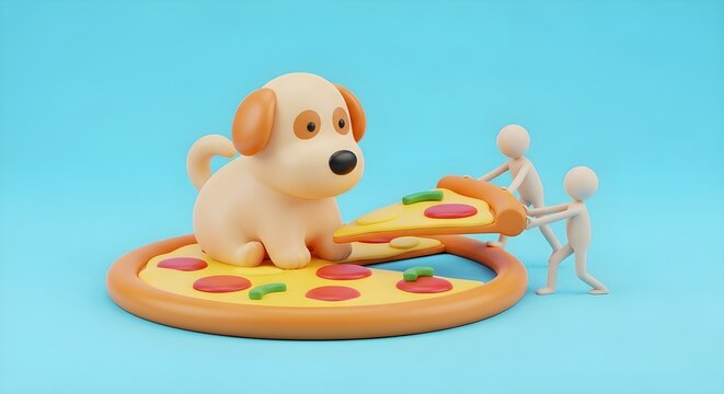 Two tiny figures taking a pizza slice from a large cartoon dog