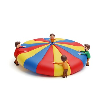 Diverse people playing with a colorful round parachute