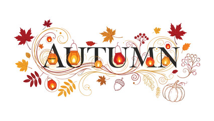 Naklejka premium Autumn's Embrace: A decorative illustration celebrating autumn, featuring the word Autumn intricately designed with autumnal elements like colorful maple leaves, glowing lanterns, rowan berries.