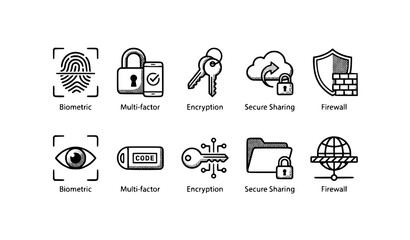 Cybersecurity and data protection vector icon set, black line illustration of biometric fingerprint, eye scanner, multi factor authentication, encryption keys, firewall shield and secure cloud sharing © Taslima