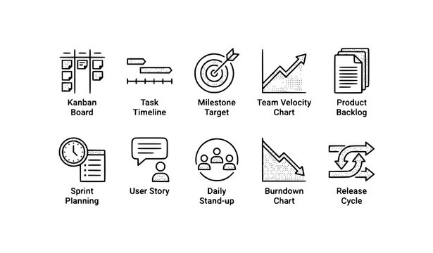 Agile project management vector icon set, black line illustration of kanban board, task timeline, milestone target, sprint planning, team velocity and burndown charts for scrum workflow.