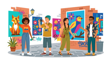 Urban Art Exploration: A vibrant street art scene with diverse young people capturing the colorful murals and graffiti, celebrating creativity and urban culture. © Md