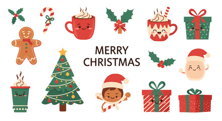 Fototapeta premium Collection of adorable Christmas-themed characters and icons with smiling faces, including a gingerbread man, tree, and festive hot chocolate.