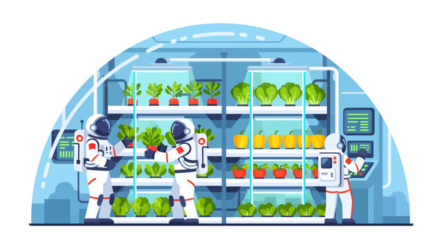 Cosmic Cultivation: Astronauts in a futuristic biodome tend to a vertical farm, cultivating fresh produce under specialized lighting, representing innovation in extraterrestrial agriculture.