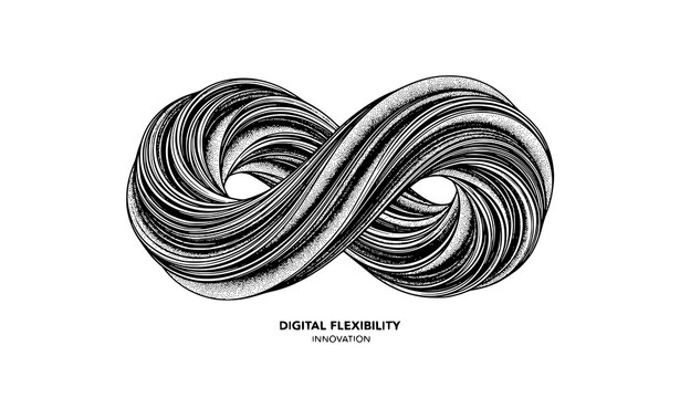Abstract infinity loop vector illustration with stipple shading and flowing lines for digital flexibility concept