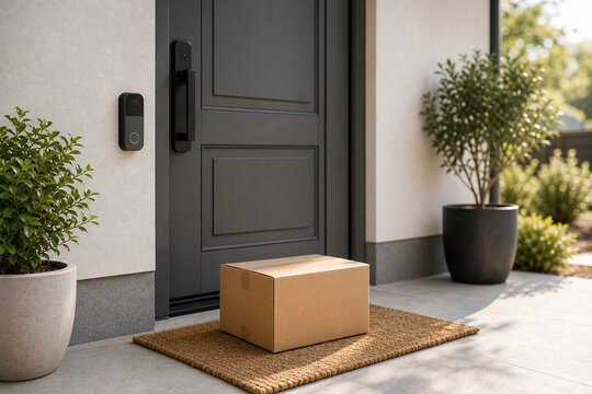 Home security camera with package delivery at front door