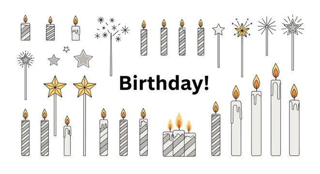 Collection of festive birthday-themed illustrations including various candles, sparklers, and magic wands with bold birthday text for parties.