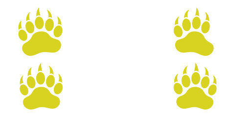 Fototapeta premium Four yellow bear paw prints with visible claws arranged on a clean white background, animal track