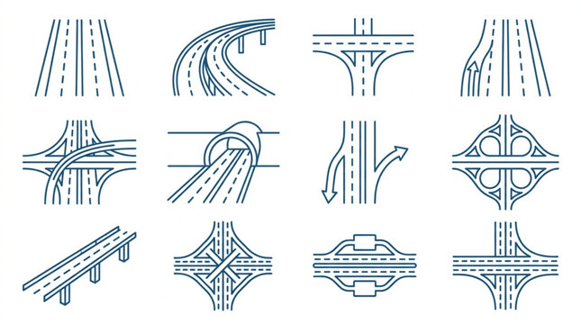 Collection of highway interchange and road junction illustrations.