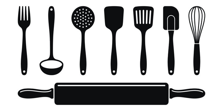 Collection of black kitchen utensil silhouettes including a rolling pin with slotted spoon, utensils