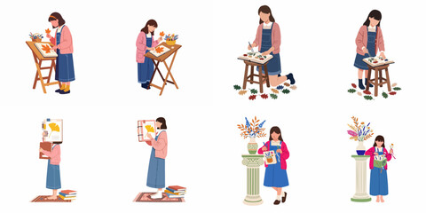 Fototapeta premium Collection of illustrations featuring a young girl creating nature-inspired art, pressing autumn leaves, and arranging dried flowers in a scrapbook.