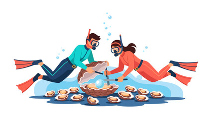 Pearl Divers Harvesting Treasure: Two divers, equipped with snorkel gear and fins, carefully harvest pearls from an abundance of open oysters scattered across the ocean floor. © asad