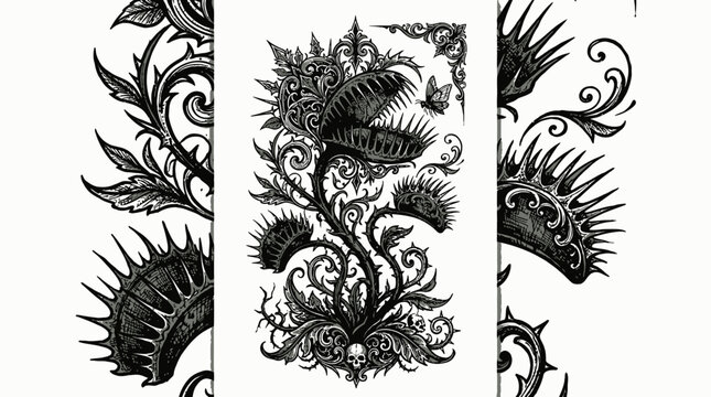 Intricate floral patterns with thorns and leaves.