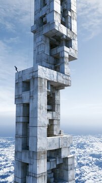 Vertical 3D perspective of a maze-like tower. A lone climber balances on the exterior blocks