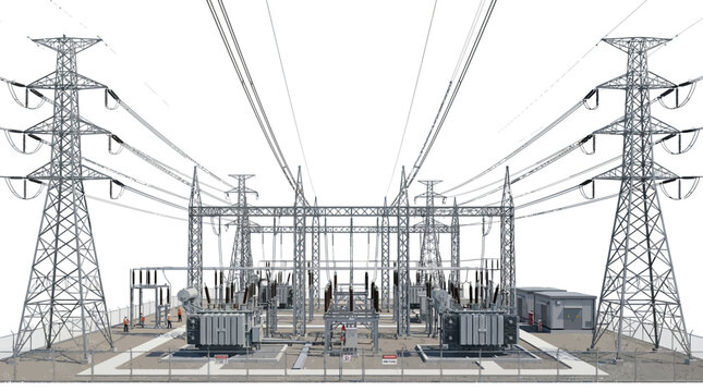 Electrical substation with power transmission towers.