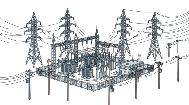 Electric power transmission substation and towers.