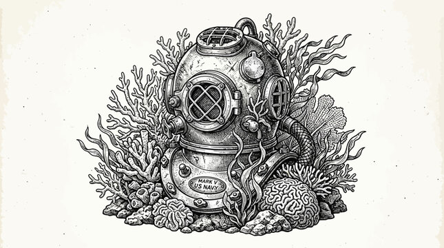 Vintage diving helmet with sea creatures.