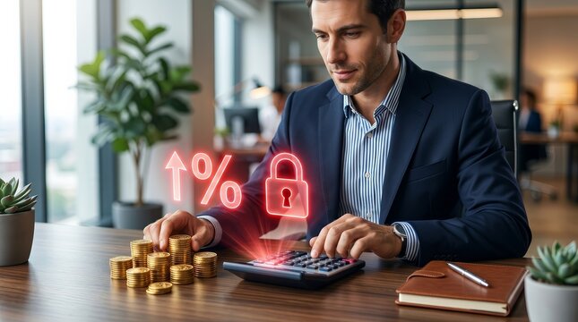 A businessman using a calculator for predictable financial planning with a fixed interest rate.