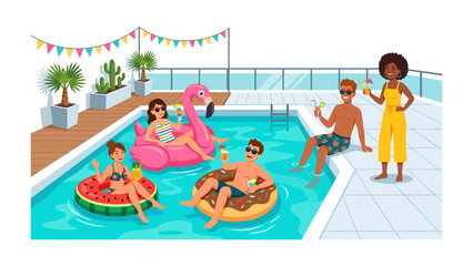 Obraz premium Pool Party Bliss: Friends enjoy a vibrant pool party, floating on inflatable toys and sipping cocktails under festive banners, embodying summer leisure and joyful camaraderie.