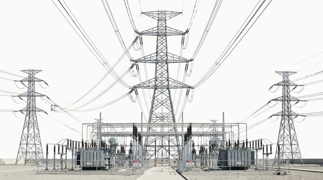 Electrical power transmission towers and substation infrastructure.