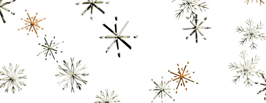 Elegant winter snowflake pattern featuring delicate white and gold snowflakes on a clean white backg