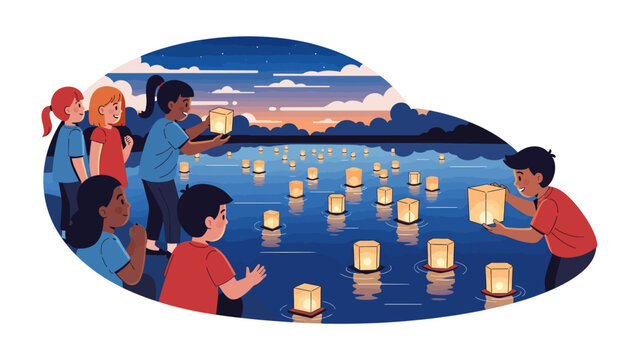 Lanterns Floating on Water: A group of children release glowing lanterns onto a calm body of water, their reflections shimmering as dusk settles over the horizon.