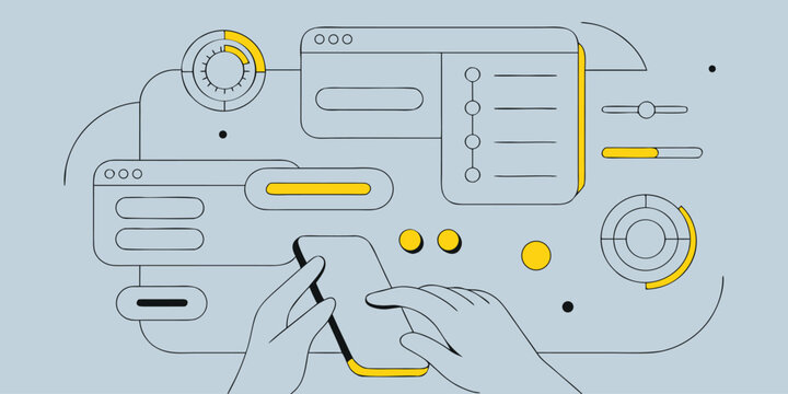 User interacting with mobile app and interface elements on screens