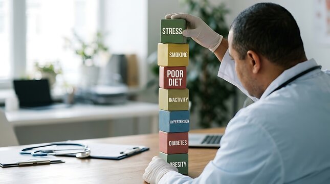 Doctor showing factors contributing to health problems with block stack