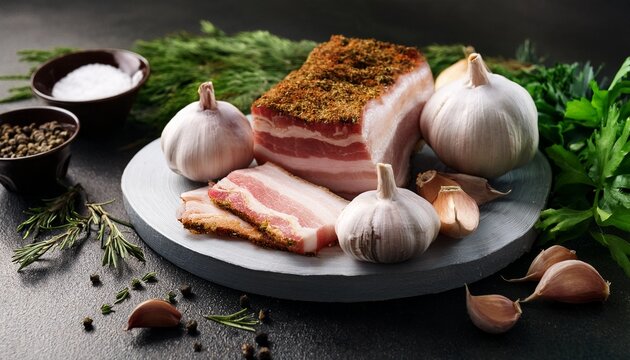 garlic and cured pork belly with herbs