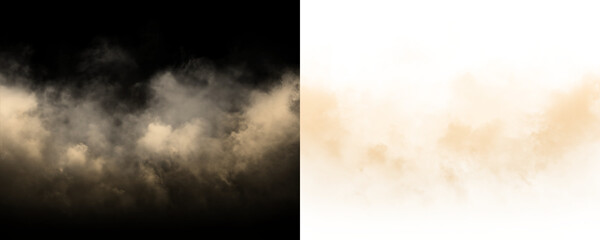 Obraz premium Dense warm smoke fog texture featuring soft dusty haze and realistic atmospheric details isolated on transparent background for cinematic overlays, visual effects and creative PNG compositions.