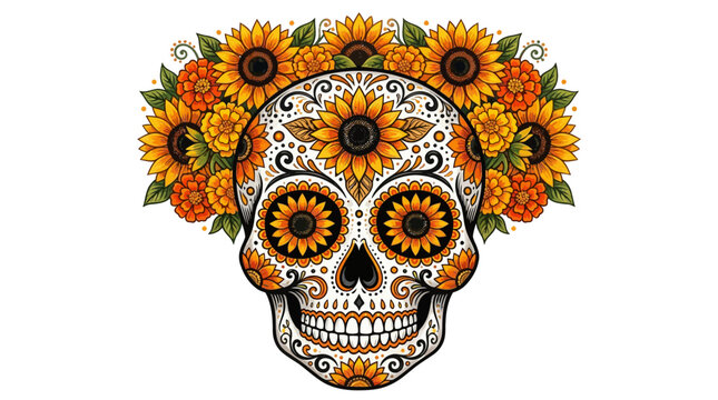 Vibrant sugar skull with floral crown.