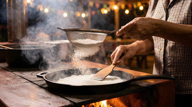 Close-up of Hands Sifting Flour onto Skillet for Traditional Tapioca Over Wood Stove