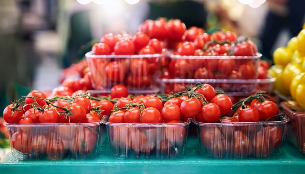 fresh vibrant red cherry tomatoes neatly packed in transparent plastic containers on display at market
