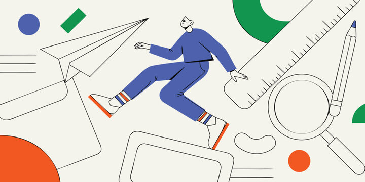 Creative marketing and education concept with person jumping among stationery items