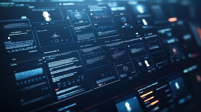 Digital interface displays complex data analytics and information panels in a futuristic setting.
