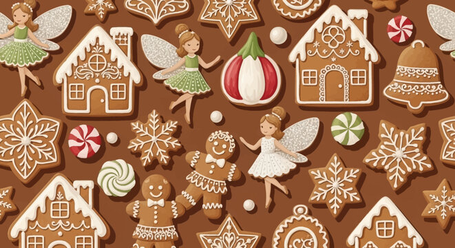 Christmas Gingerbread Cookies and Fairies Seamless Pattern Background