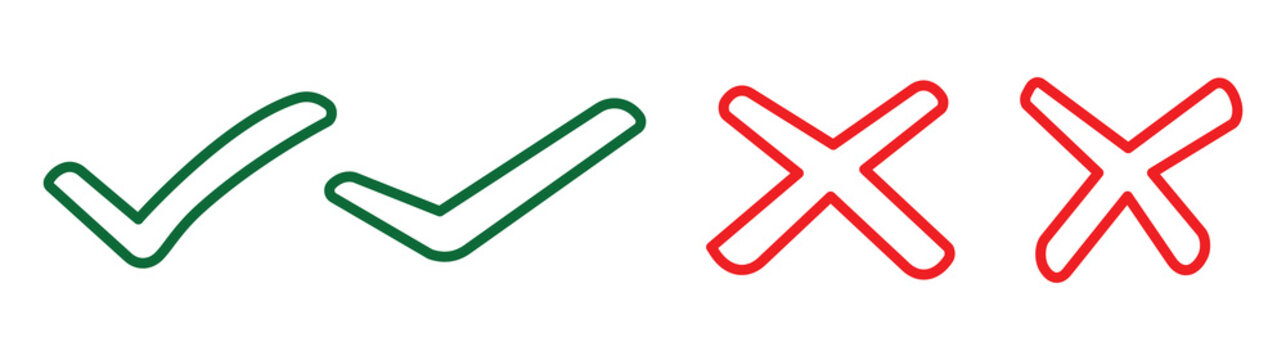 Green checkmark and red cross on isolated white background vector symbol for right and wrong choices. Modern flat design, Checkmark icon set. Checkmark right symbol tick sign. Set of Eps 10.