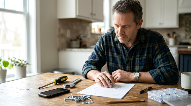 Man Calculating Household Budget with Bills at Kitchen Table