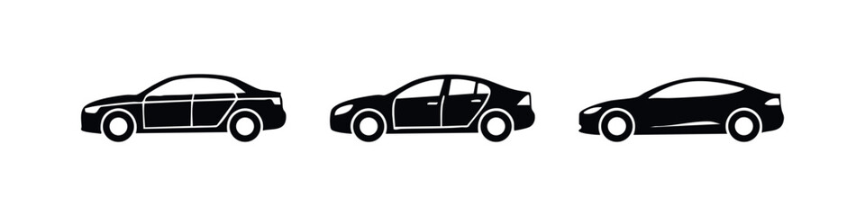 Fototapeta premium Set of three black car silhouette icons, side view.
