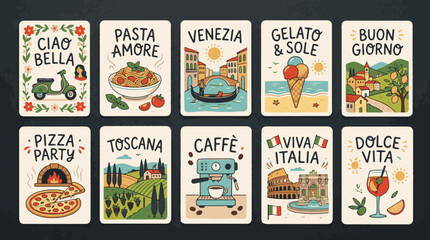 italian themed sticker set with food landmarks and phrases in a colorful hand drawn style © Colourfull