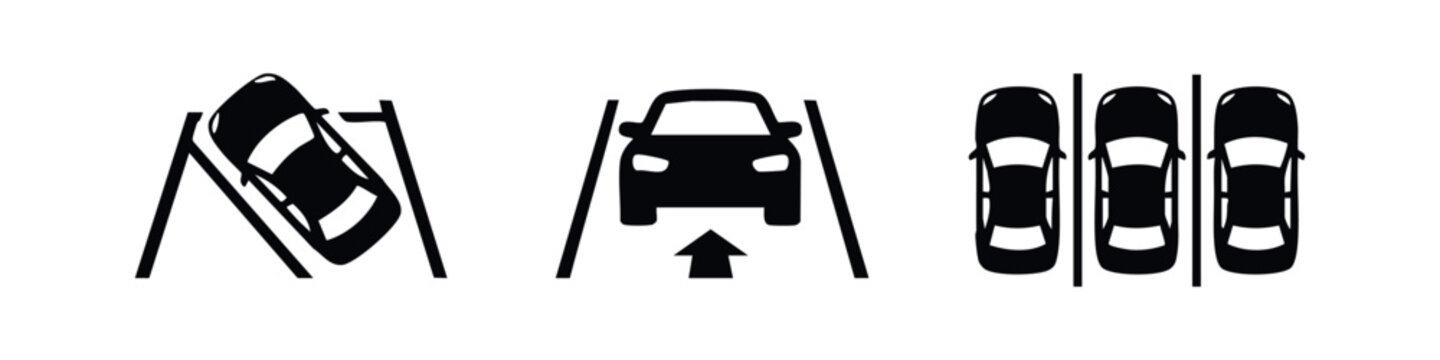 Car Parking Icons from Different Angles and Top-Down Lane Views