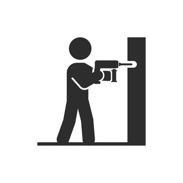 Man with a drill icon. Makes a hole in a wall. Monochrome black and white symbol