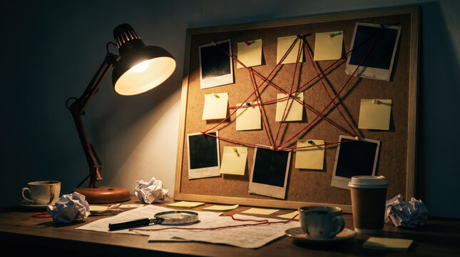 Detective investigation board with red string and photos